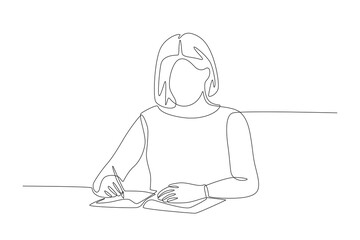 Woman who is focusing on doing her homework. Homework concept one-line drawing