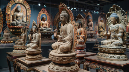 Fototapeta premium A collection of Buddha statues are displayed in a museum