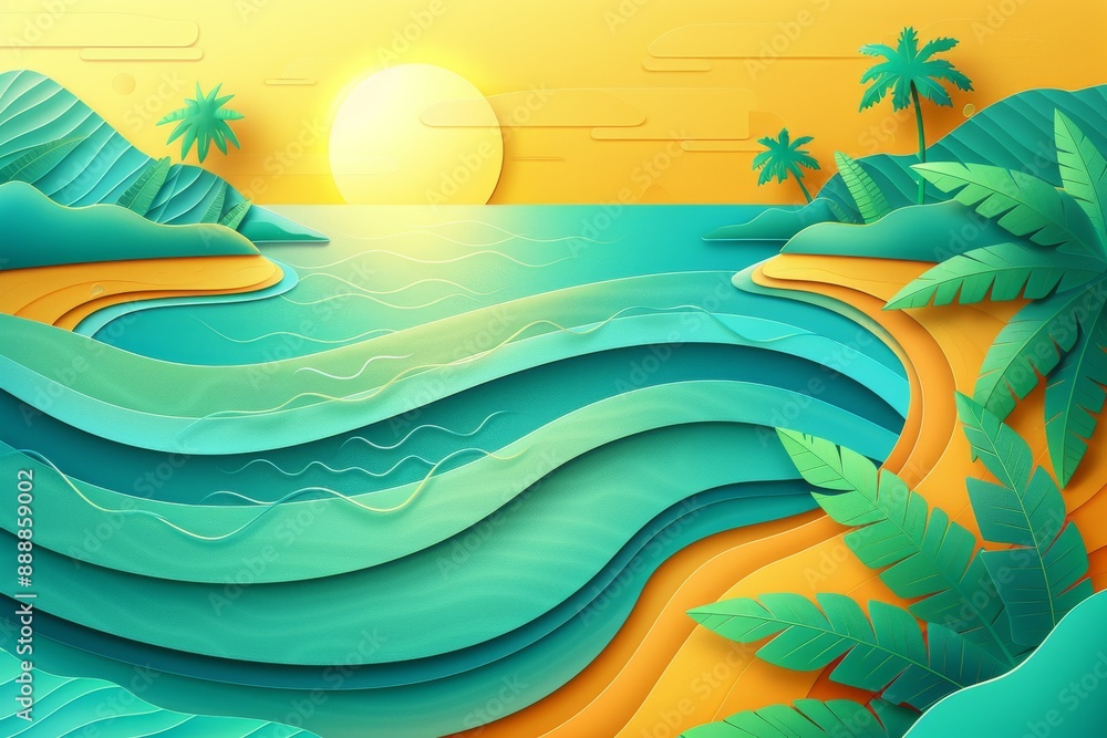 Poster abstract paper cut waves with a bright sun creating a vibrant and dynamic beach scene