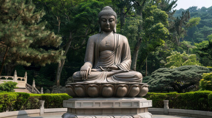 A statue of a Buddha is sitting in a garden