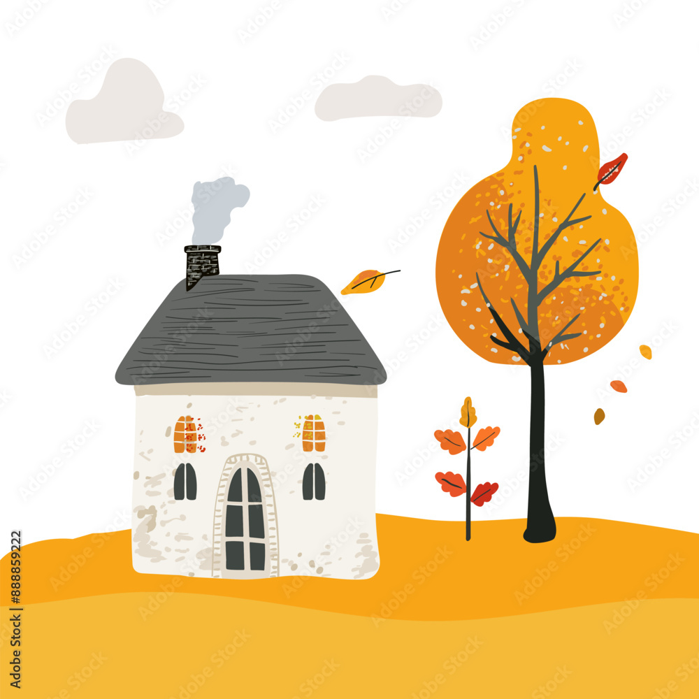 Wall mural cartoon magical village house with a tiled roof. folk yellow tree and red bush. cute postcard and po