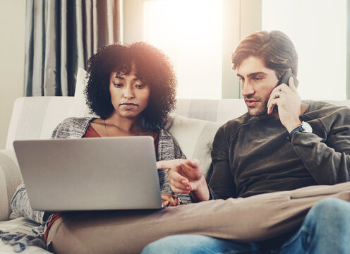 Phone call, couple and laptop in home with problem, connection error and talk for tech support. Man, woman and computer on sofa for glitch, feedback and chat with service provider for network failure