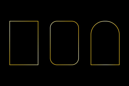 Golden outline shapes. Geometric forms on black. Minimalist vector design. Three different frames.