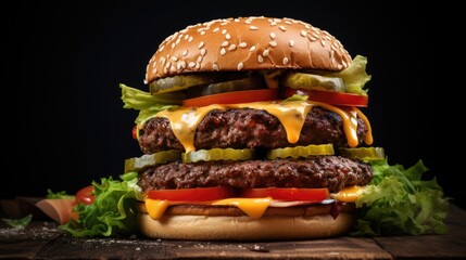 A mouthwatering close-up shot of a classic American cheeseburger, featuring a juicy beef patty, melted American cheese, crisp lettuce, fresh tomato, and tangy pickles, all sandwiched between