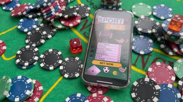 Online poker concept. Smartphone and poker chips on a green background. Poker online banner. Copy space. Vignette. Place for text. Gambling. Background