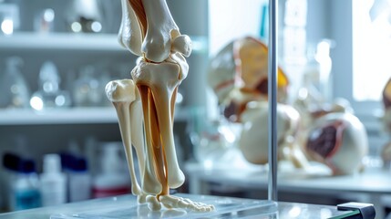 Obraz premium A detailed anatomical model of the human knee joint in an orthopedics consultation room