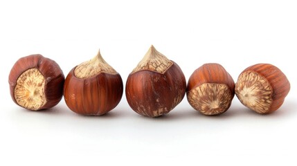Obraz premium Close up of hazelnuts trio on white backdrop Harvesting hazelnut types organic cultivation veggie treat and nutritious options Horizontal orientation