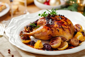 Gourmet main course with a beautifully roasted poultry dish, detailed garnishes and elegant presentation