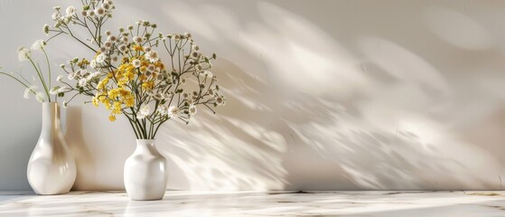 White Vases with Delicate Flowers in a Minimalist Setting