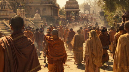 Obraz premium A group of monks are walking down a street