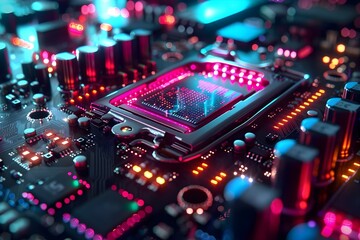 Fototapeta premium AI motherboard with colorful lights, digital art, technology innovation, artificial intelligence, high tech visuals, cyber theme, modern design