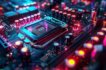 AI motherboard with colorful lights, digital art, technology innovation, artificial intelligence, high tech visuals, cyber theme, modern design