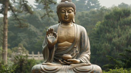 Obraz premium A statue of a Buddha is sitting in a park