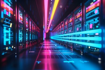 High tech data center with AI integration and neon lights showcasing advanced technology and innovation in a modern facility photography high detail cyber theme blue tones