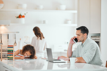 Busy, education and remote work with family in kitchen of home together for learning or phone call. Homework, laptop or writing with father and daughter in apartment for report, research or study