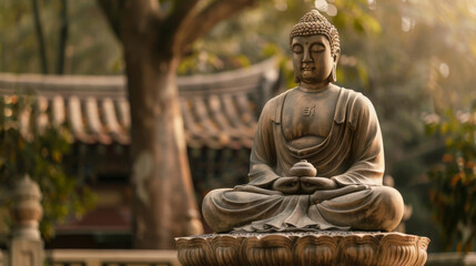 A statue of a Buddha is sitting in a pond