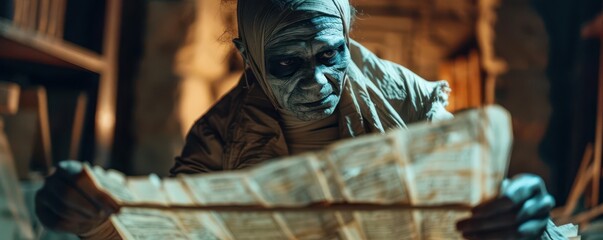 Eerie mummy reading an ancient map in a dimly lit library, surrounded by old books and mysterious artifacts.