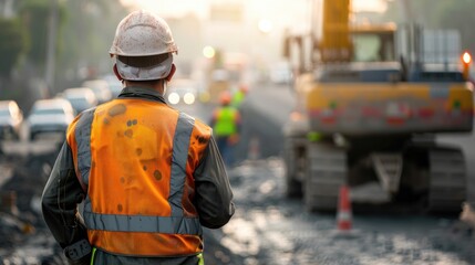 engineer in safety gear, helmet back view with road construction site.