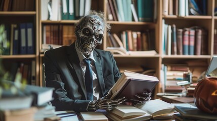 Zombie accountant balancing books in abandoned office, Halloween, financial management