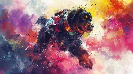 Fototapeta premium Vibrant abstract artwork featuring a dog in a dynamic colorful explosion, blending bold colors and energetic movement.