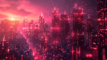 Obraz premium Cyberpunk Cityscape with Red Neon Lights