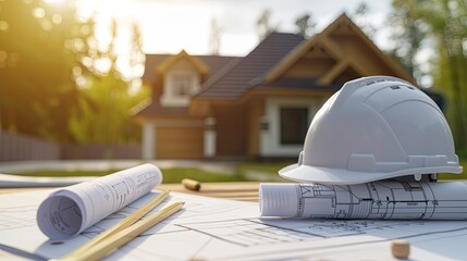 House drawing blueprints with helmet for architectural.