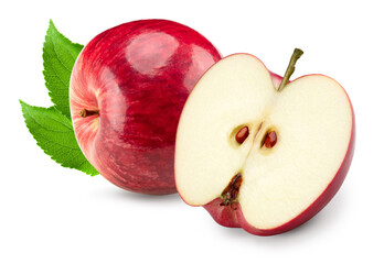 red apples with green leaves isolated on white background. clipping path