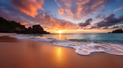 Fototapeta premium Photograph of a breathtaking sunrise over a pristine beach with crystal-clear water and soft, golden sand, with no clouds in the sky