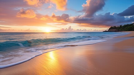 Obraz premium Photograph of a breathtaking sunrise over a pristine beach with crystal-clear water and soft, golden sand, with no clouds in the sky