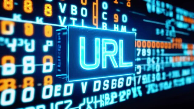 A blue and orange digital background with the word "URL" in the center.