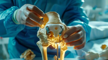 An orthopedic specialist explaining ACL reconstruction using a knee joint model