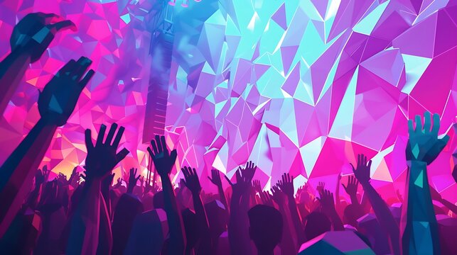 A crowd with raised hands at a concert festival banner, in a low-poly 3D style with a vibrant color palette