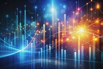 Dynamic abstract background graphic equalizer, wavy lines and flares. Blue and orange.