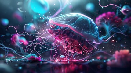 A vibrant, futuristic illustration of a bioluminescent animal in a neon forest