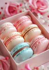 Fototapeta premium Colorful french macaroons in gift box on color background. Top view of various assorted flavors of classic French macarons in a gift box,almond cookies,Valentine's day sweet gift,holiday,celebration.
