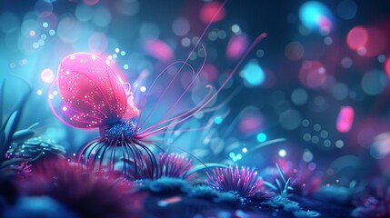 A vibrant, futuristic illustration of a bioluminescent animal in a neon forest