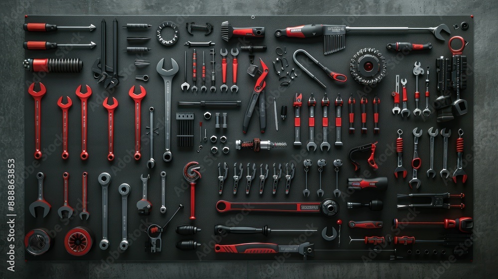 Poster an extensive collection of various types of wrenches and other tools neatly arranged on a pegboard