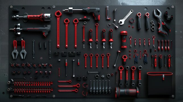 Neatly organized red and black tools on a pegboard with a black background