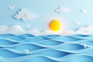 Peaceful seascape with a bright sun waves and seagulls creating a tranquil and serene atmosphere