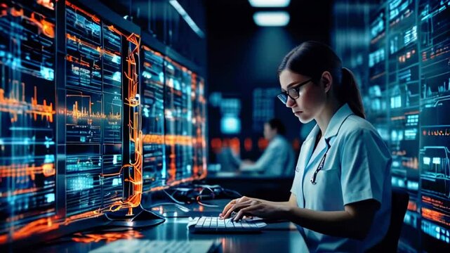 A young woman in a lab coat is sitting at a computer terminal typing. There are multiple computer screens in front of her displaying lines of code.