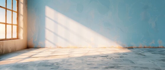  A room featuring a blue wall and a window letting in bright light on its right side