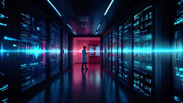 A person in a white lab coat is standing in a long, dark room. The room is filled with tall, glowing blue and pink computer servers.
