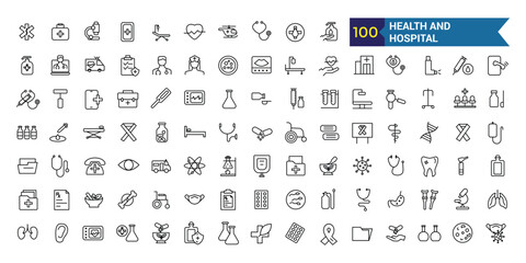 Health and Hospital icon. Outline icon collection. Editable vector stroke.