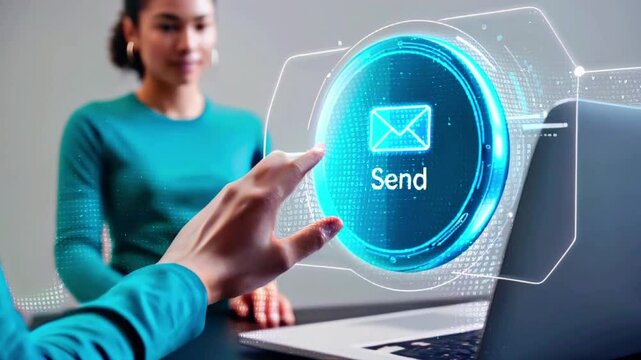 A person is using a laptop and is about to send an email.