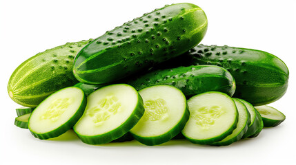 Several whole cucumbers are displayed on a white background with one cucumber sliced