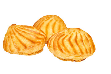 Three delicious baked cakes profiteroles isolated on white background