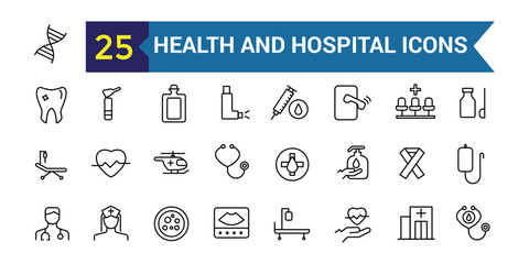 Health and Hospital icon. Outline icon collection. Editable vector stroke.