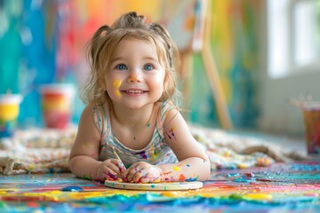 Toddler Girl Painting With Colorful Paint on Floor