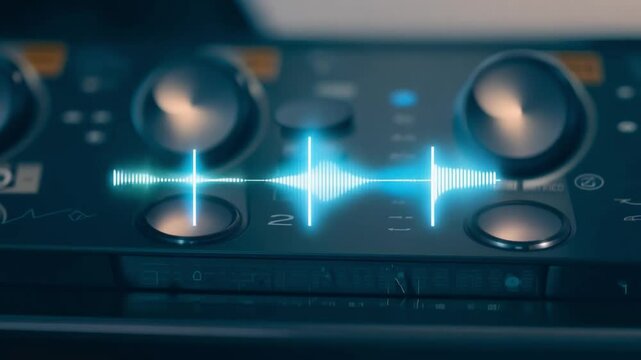 This sound wave graphic glowing blue on a black audio mixing board.