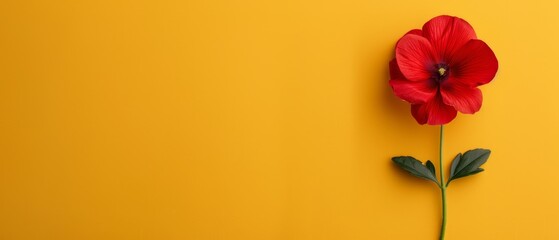 Obraz premium A solitary red blossom atop a yellow wall, adjacent to a green, leafy plant
